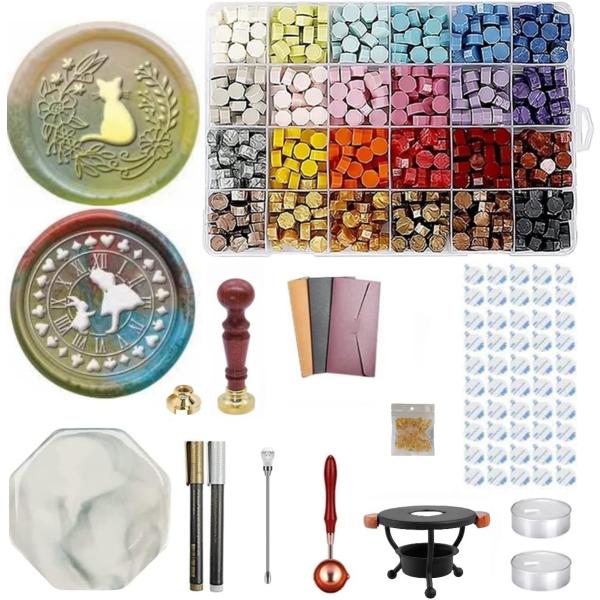 シーリングワックス セット Kandar シーリングスタンプ セット 印面2種類 炉 ペン スプーン シール セット 24色 ワックスビーズ 大量 取扱説明書付き