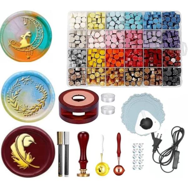 シーリングワックス セット Kandar シーリングスタンプ 電気炉 火炉 セット 印面3種類 炉 ペン スプーン シール セット 24色 ワックスビーズ 大量 透明 初心者