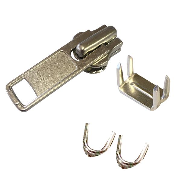 YKKファスナー交換用　10M　メタル用シルバー/ニッケル　1セット分　下止め1、上止め2、スライダー1*サイズはスラス裏側の記号を確認してください。カバン修理に。