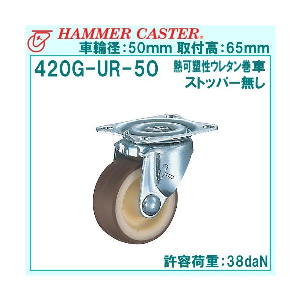 ハンマーキャスター 420G-UR-50mm 旋回式・平付け・ナイロンホイールウレタン巻車・ストッパーなし