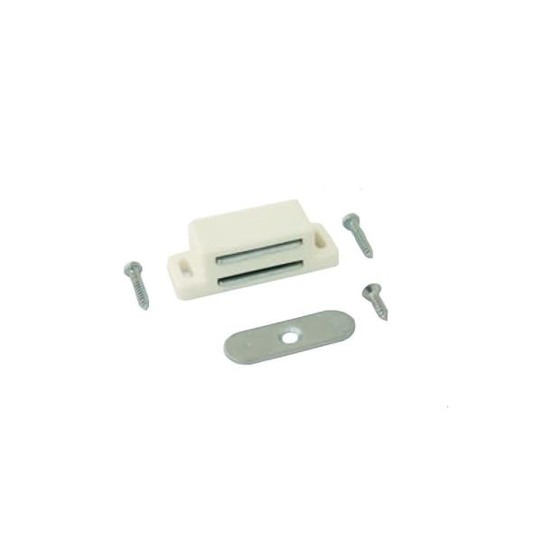 【品番】fm-5-wh【商品名】マグネットキャッチ【サイズ】47.5×16.5×14.5【カラー】白【構成部品】・ケース （1） （材質：樹脂） ・マグネット （1） （ケースに内蔵） ・受板：鉄ユニクロ （1） （A 皿木ねじ 3×12 ...