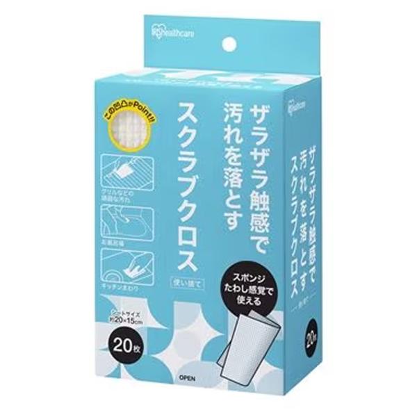 メーカー名アイリスオーヤマ商品名スクラブクロス　２０枚入品番SC-B20W主要素材ポリプロピレンパッケージサイズ（mm）(ヘッダー込み)幅105×奥行60×高さ188シートサイズ（約）200×150mm（1枚あたり）枚数20枚