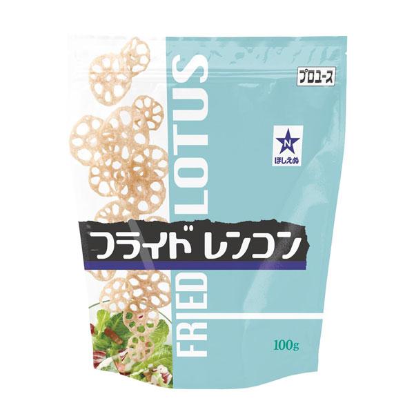 スライスしたれんこんを油で揚げたトッピング用食材です。多彩なメニューにご使用いただけます。湿気を防ぐ、ジップスタイルの袋入りです。内容量：１００ｇ
