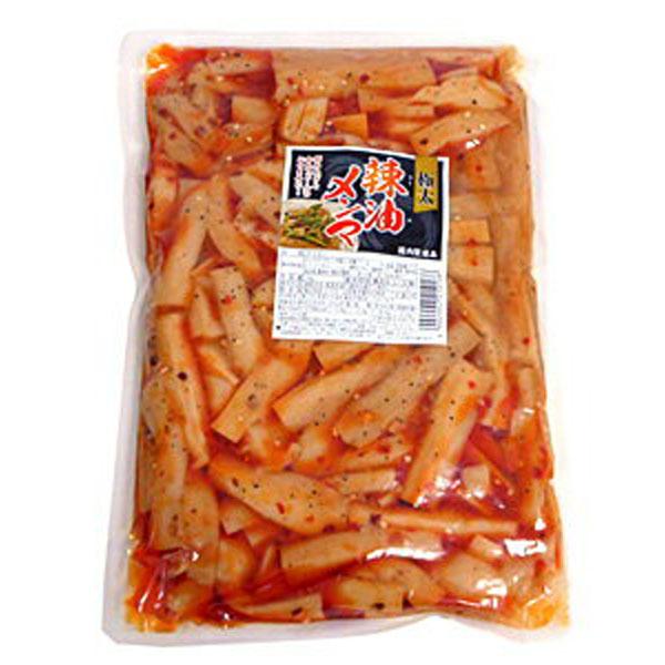 極太のメンマを具入りラー油で辛味のある味に仕上げました。深い辛味があと引く美味しさ。ビールのおつまみに最高です。内容量：１ｋｇ【普通便】