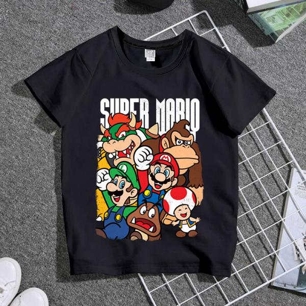 マリオ Tシャツ 男女兼用 大人 子供 キッズ 子ども お揃い ペア 半袖シャツ 服　黒　ブラック シャツ カップル /メンズ/レディース/ 男の子/女の子/親子服
