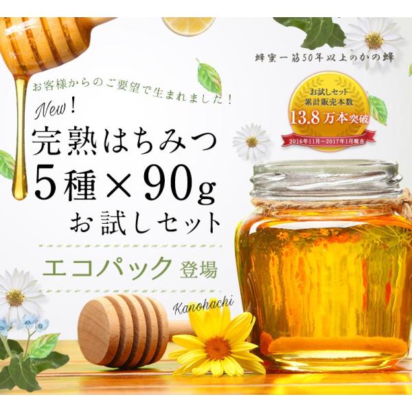 はちみつ 国産 外国産 蜂蜜 ハチミツ お試しセット エコパック 純粋蜂蜜30種以上 1つ90g から 5つ選べる はちみつ 5点セット メール便送料無料 蜂蜜専門店かの蜂