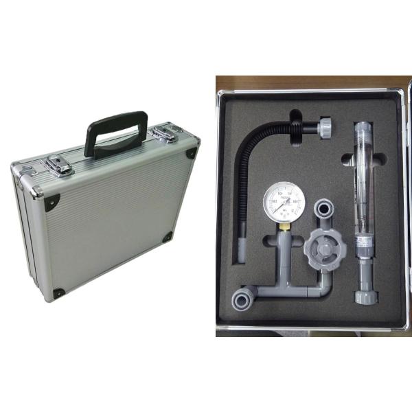 風量計：測定範囲1.6〜16.0 ?/h （26.7〜267）L/min圧力計：測定範囲0.0〜0.1 Mpa　ケース：材質…アルミニウム他　サイズ…外寸W356×D310×H103 mm　重量：2.4kg