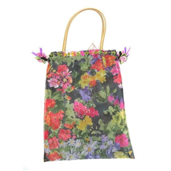 CHIMAKI プリント・シフォンのバラ柄巾着型持ち手つきポーチ（グリーン