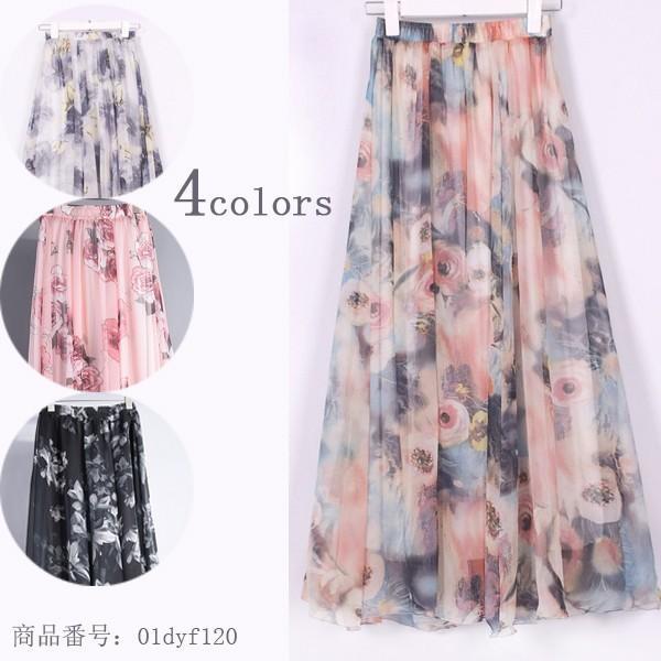スカート ロング シフォンスカート ロングスカート 春 花柄 黒