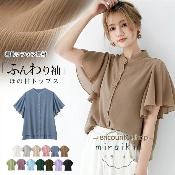 ブラウス シフォンブラウス レディース ス ラッフルスリーブ 半袖 シフォン ス スタンドカラー カラバリラッフルスリーブシフォンブラウス 夏 新作