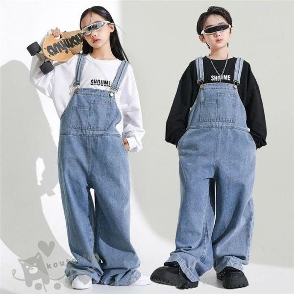 ダンス衣装 キッズ チアガール オーバーオール ヒップホップ 派手 白 黒Tシャツ デニムサロペット ロング丈 つなぎキッズ ガールズ 男の子