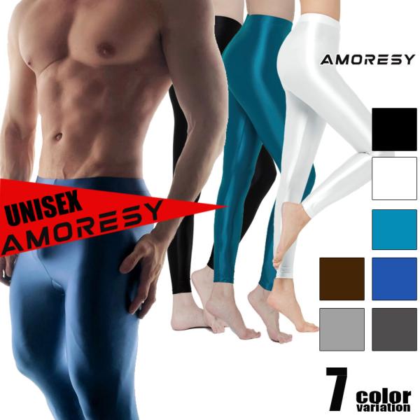 AMORESY/アモレシー メンズタイツ　男性 メンズレギンス ロングスパッツ 水着系生地 ツルツル スベスベ 光沢 つやつや
