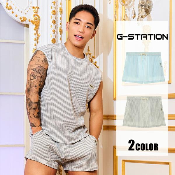 G-Station しわ加工 ストライプ柄 ショートパンツ メンズルームパンツ 縞 軽量 速乾