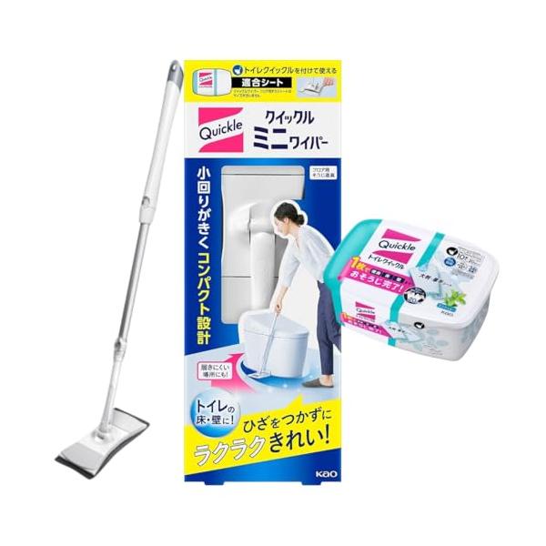 「クイックルミニワイパー＋トイレ除菌シート 本体容器10枚入 ジャンボパック」は、トイレ掃除を効率的にサポートする便利なセットです。ミントの爽やかな香り付きの流せるトイレ用掃除シートは、汚れをしっかり拭き取りながらニオイを予防し、除菌効果も...