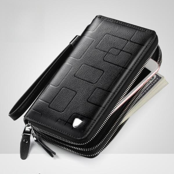 メンズ 長財布 本革 ダブルファスナー 牛革　スマホ収納　クラッチバック　セカンドバッグ　大容量　ストラップ付き