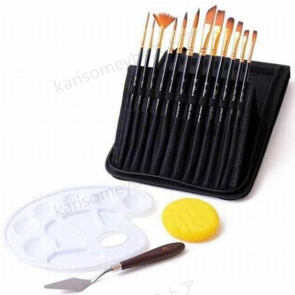 絵筆 水彩絵具 油絵具 水彩画 陶芸　塗装　アクリル絵の具 筆入れ　パレット　パレットナイフ　初心者 16点セット