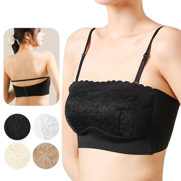 ・チラ見え防止ズレにくいノンワイヤーチューブトップ・上品なレースを使った3wayタイプのノンワイヤーブラです・4段4列のバックホック付きでサイズ調節可能・バストラインにしっかりとフィットし、ストレッチの利いた弾力のある生地で安心のホールド感...
