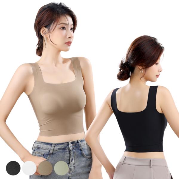 カップ付きシームレスタンクトップ レディース インナー ブラトップ ノンワイヤー パッド取り外し可 美胸 フィット ストレッチ スタイルアップ黒 白 緑 b21003