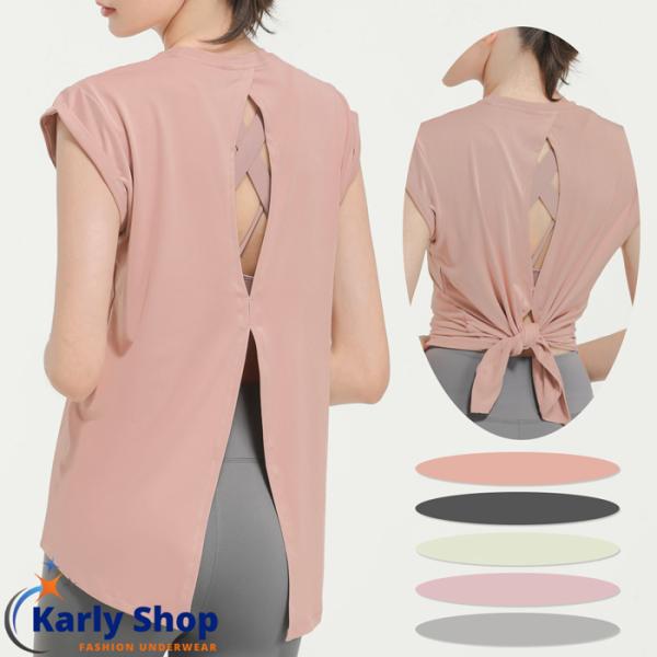 Karly Shopオリジナルブランド【Honey Honey】・ちらりと見える背中がかっこいいヨガTシャツ・オープンバックデザインなので、身に着けるインナーによっていろんなコーデを楽しめます・バックは長めの丈で体系をカバー、スリットがウエ...