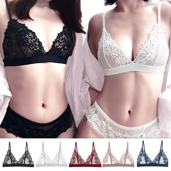 ・抜け感あるおしゃれを楽しむ。ゆるっと可愛い、レースの三角ブラ・女性らしい透け感が魅力のブラレット。総レース×ノンワイヤーでリラックスタイムもおしゃれに・ワイヤーなし設計で締め付けず楽ちんな着け心地・背中は2段4列のホック仕様で安定感があり...