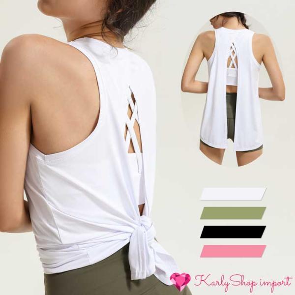 ・KarlyShop import オリジナルブランド【 Honey Honey 】・ちらりと見える背中がかっこいいヨガタンクトップ・オープンバックデザインなのでお気に入りのインナーと合わせて着用していただけます・うしろを結んでも可愛く、自...