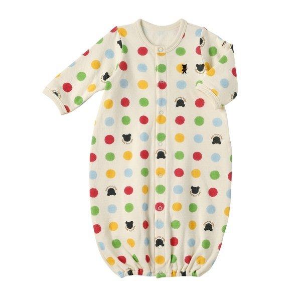 QUALITY：綿１００％リブ部分　綿９５％、ポリウレタン５％日本製優しい水玉模様のツーウェイオールです。やわらかな薄手の素材で、真夏以外のシーズンで幅広く着用可能。前ホックで股下まで全開するので、お着替えやおむつ替えもラクラク便利。新生児...