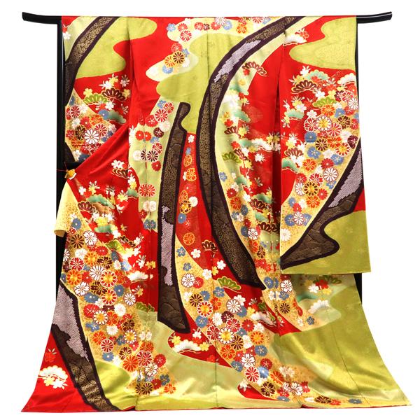 青柳 赤地染め分け 古典柄 振袖 高級古典振袖 青柳/最高級絞り手描友禅 白/紺/赤 柄小さめ 高級