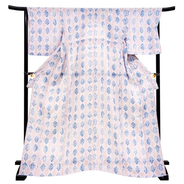 夏絽小紋 仕立て上がり 着物 青 藤色 新品 販売 購入 未使用 菱文様 夏 
