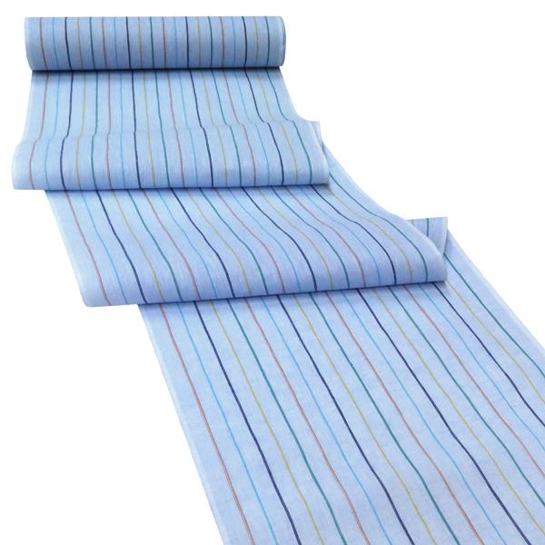 秦荘上布 着物 仕立て付き 水色 縞 ストライプ 綿麻 夏着物 単衣