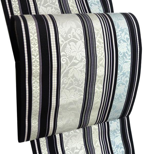 井上絹織 博多帯 仕立て付き 博多絢爛 正絹 帯 八寸名古屋帯 新品 未仕立て 反物 洒落帯 仕立て込み 黒 グレー 間道 唐花 葡萄 伝統工芸品 単衣帯 No 246 Www Grapnotesteel Co Zw