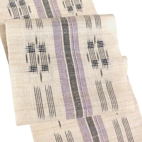 15%クーポンあり 夏名古屋帯 大麻絣帯 仕立て付き 生成り 麻帯 縞 格子  