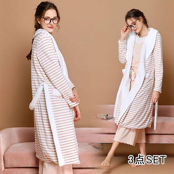 パジャマ ネグリジェ ルームウェア 前開き 可愛い 部屋着 長袖 ローブ レース 春 秋 姫系 3点セット リボン 女性 ランジェリー 寝巻き セットアップ Pymr Go Th