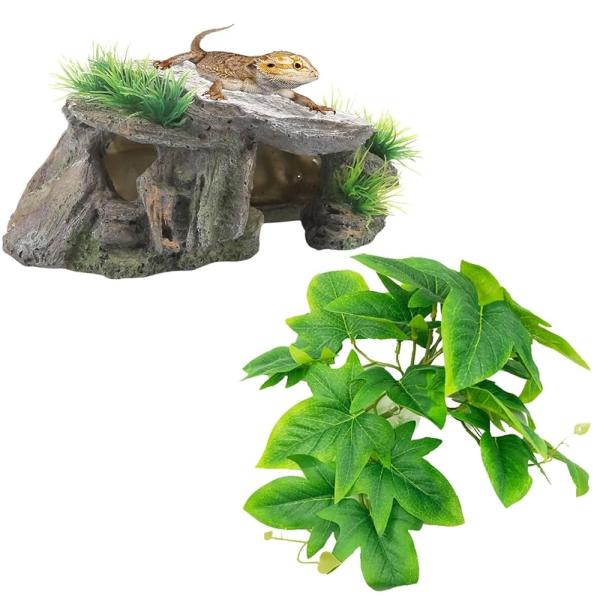 「商品情報」「主な仕様」自然な環境を手軽に再現！爬虫類に最適なシェルターと人工植物セット：リアルな岩肌の爬虫類 シェルターと、アイビーモチーフの人工植物で、ケージや水槽に自然の美しさと隠れ家を同時に提供。爬虫類や両生類がリラックスできる、理...