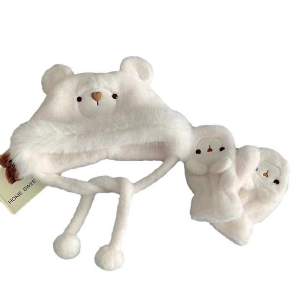 帽子 手袋 2点セット レディース ふわふわ 厚手 暖かい かわいい 女性用 ぬいぐるみクマの帽子と手袋 フリース裏地 イヤーウォーマー 耳あてフード付き