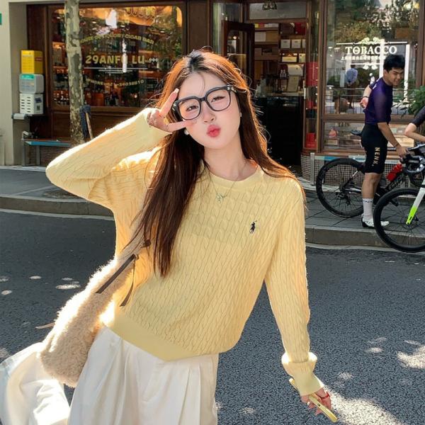 ツイストニット ニット レディース 刺繍 ルーズフィット プルオーバー トップス 長袖 ラウンドネック セーター ゆったり 普段使い リラックス 日韓スタイル 秋冬