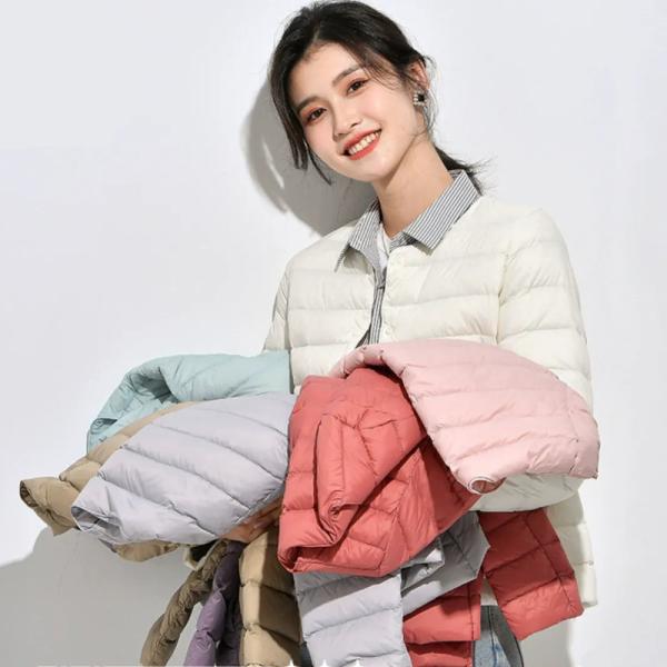 ダウンジャケット レディース ダウン ショートスタイル エリ無し 軽量 インナーダウン アウター ジャケット ポータブル 女性 高品質 暖かい 保温性 秋冬