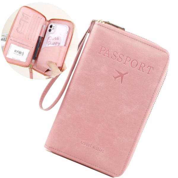 RFIDブロッキング パスポートホルダー トラベルウォレット IDウィンドウ付き 多機能ウォレット 搭乗券 チケット収納 多機能トラベルポーチ 男女兼用 PUレザー