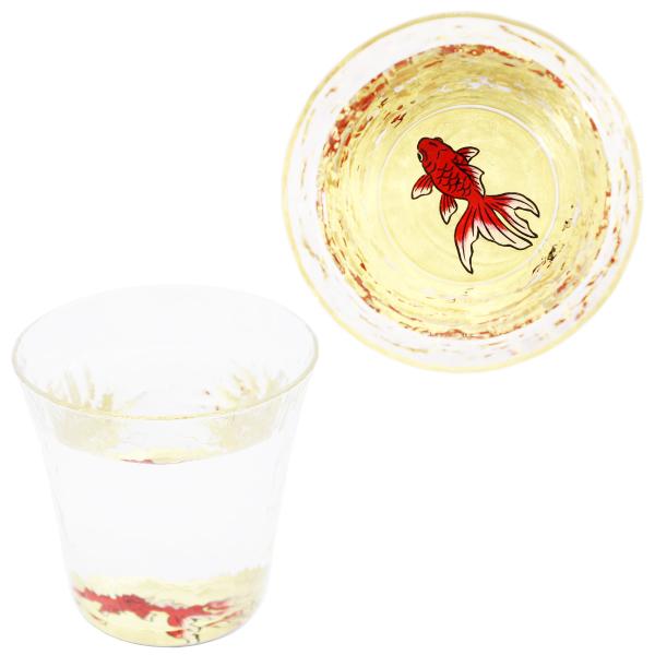 華正工房 金魚 ゴールド 水紋型 盃｜華正蒔絵ガラス 酒器 日本製 金沢金箔｜ギフト・誕生日・金運の意匠