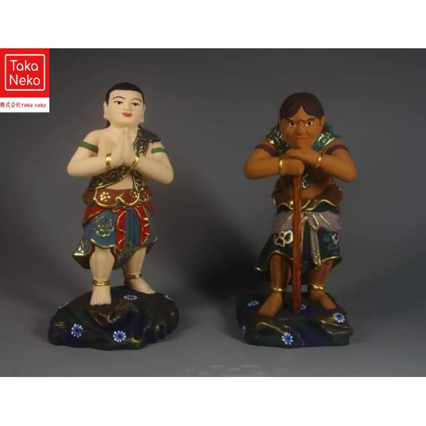 矜羯羅(こんがら)、制多迦(せいたか)の二人の童子で、穏やかな表情をしているのが矜羯羅童子、好戦的な表情をしているのが制多迦童子です。材質：木。仕上げ：極彩色絵系。サイズ：小 高さ6cm，大高さ15cm，手作業で測ったので少しの誤差が有りま...