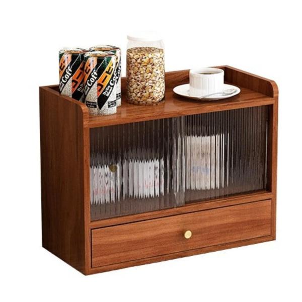 レトロなカップ収納キャビネットデスクトップ化粧品チャンホンガラス引き戸無垢材ティーセット収納ボックス防塵家具、北欧スタイル、組み立て簡単、安定 (古びた