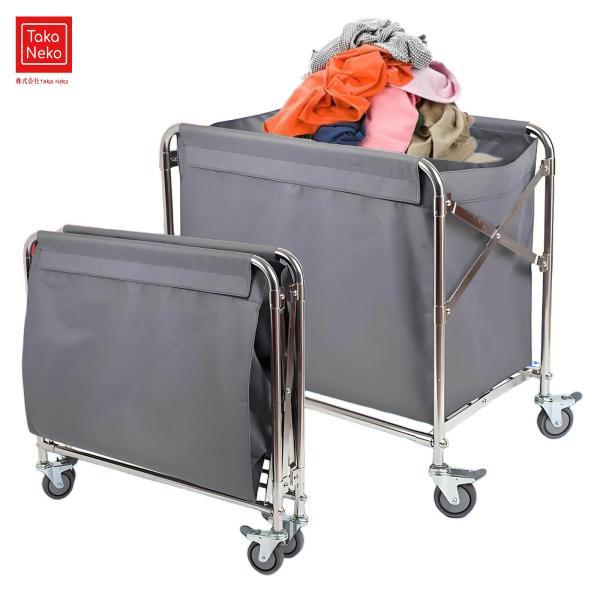 【折りたたみ式トロリー】ローリングランドリーカートのステンレススチールフレームは折りたたみ式で、使用しないときに最適な保管が可能で。リネンランドリートロリーは、収納スペースを効果的に節約します。設置が簡単で、耐荷重は200KGです【静かなゴ...