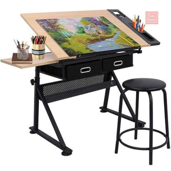 MDF調節可能な製図図面テーブルデスクTiltable Tabletopクラフト駅art-hobby Table with Stool and 2 Drawers for WritingアートクラフトWork Station