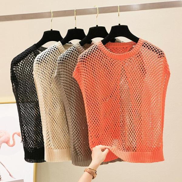 ノースリーブ 透かし編み バックスリット ス 2way メッシュ ニット  レディース 透け感 クロップド丈 薄手 大人 カジュアル  きれいめ