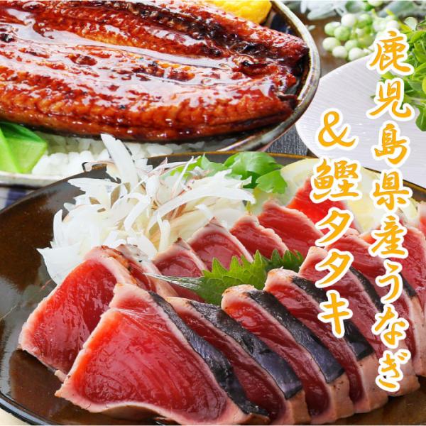 鹿児島県大うなぎと鰹タタキのセットです。内容量鹿児島県産大うなぎ１尾、鰹タタキ４００g、生姜タレ１本賞味期限個包装に記載保存方法要冷凍(−１８℃以下保存)＜用途＞贈答用 自宅用 自分用ギフト プレゼント 贈り物 お歳暮 お中元 父の日 母の...