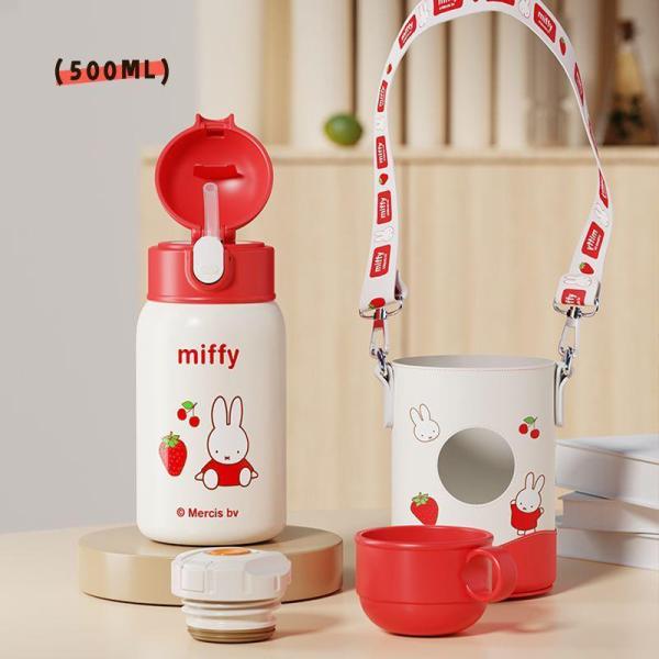 ミッフィー  水筒 ミッフィーちゃん  水筒 500ml 子供 大人 蓋付き ストロタイプ 斜めがけ カバー付き 保温 保冷 ステンレスボトル  魔法瓶 アウトドアサイズ：8.2x8.2x20.2cm重量：302g 容量：500mlミッフィ...