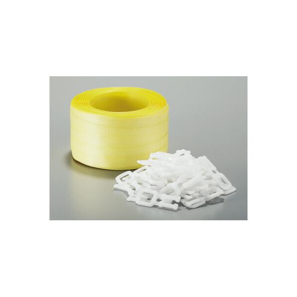 ★商品合計金額3000円(税込)以上送料無料★プラスチックストッパーがついた荷造りセット。オフィスでの重量物の梱包に。●寸法／幅１５ｍｍ×１００ｍ●材質／ポリプロピレン●カラー／黄●セット内容／ＰＰバンド１巻（１００ｍ）、ストッパー５０個●...