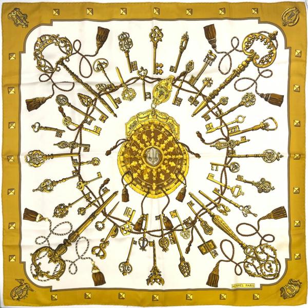 ❤お得なお品❤クリーニング済 エルメス カレ90 薄イエロー スカーフ シルク HERMES（エルメス） スカーフ カレ90 90cm シルク 100％ LES CLES THE