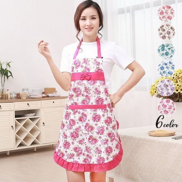 エプロン レディース 女性用 花柄 フラワー バラ ローズ フリル リボン