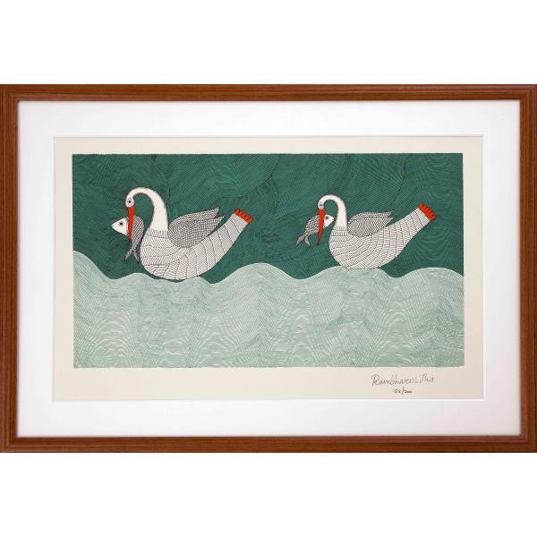 水の生きものアートプリント　ツルと魚