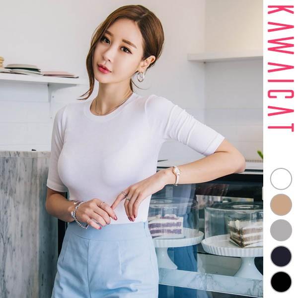 Tシャツ レディース カットソー 半袖 五分袖 タイト 無地 トップス ラウンドネック カジュアル 上品 春 夏 韓国 メール便可 To1 1001 Kawaicat 通販 Yahoo ショッピング